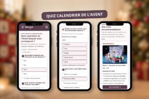 Trois écrans du quiz beauté Box AZ montrant le budget, les marques préférées et un calendrier de l’Avent recommandé