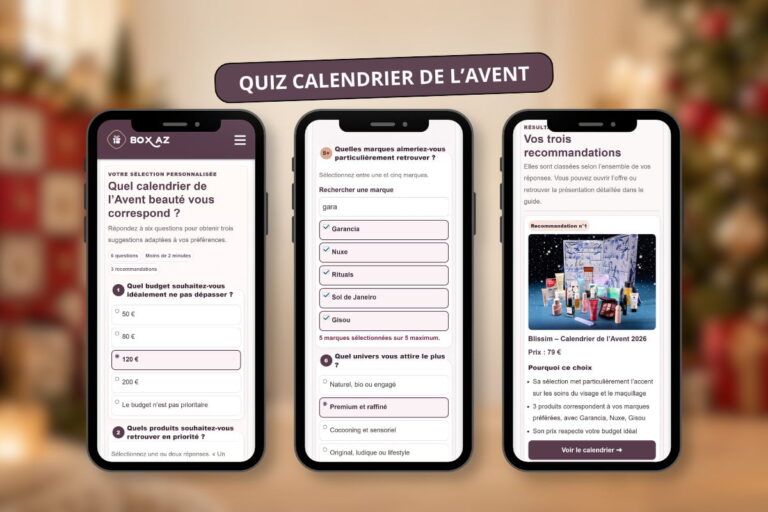 Trois écrans du quiz beauté Box AZ montrant le budget, les marques préférées et un calendrier de l’Avent recommandé